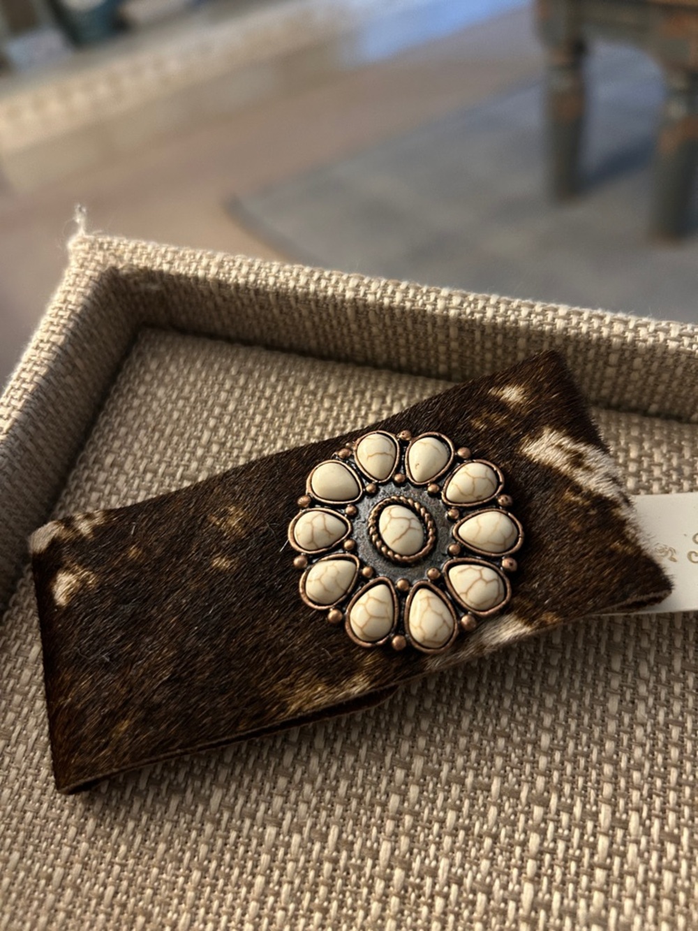 Brown  faux Cowhide cuff with White Stone flower